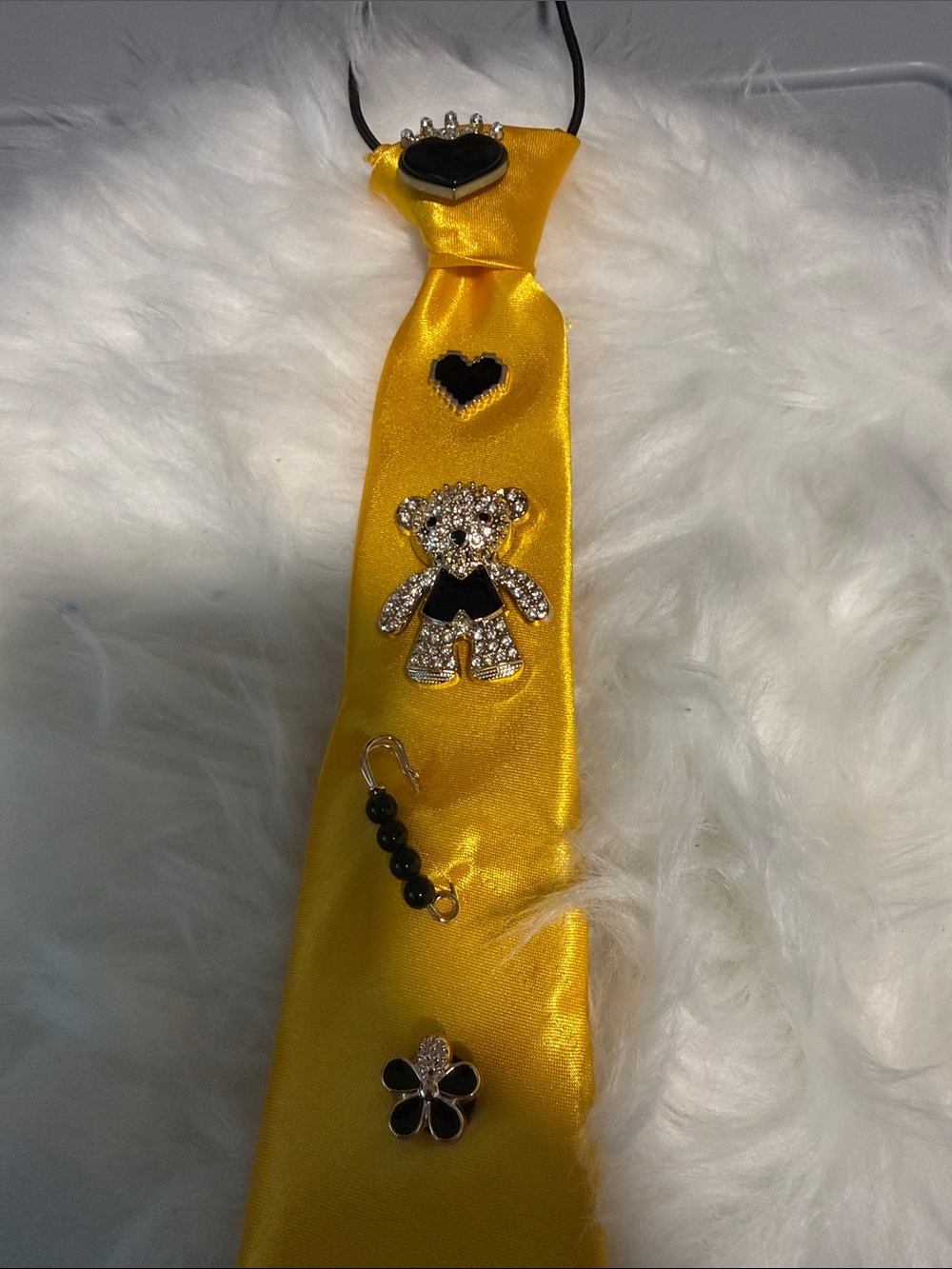 Kids Yellow Satin Tie with Black Crystal Teddy Accent
